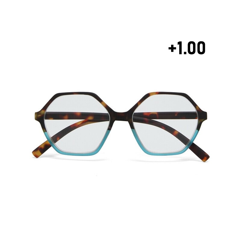 Occhiale da lettura con montatura squadrata di colore havana blu, lenti da lettura +1.00 diottrie con filtro luce blu